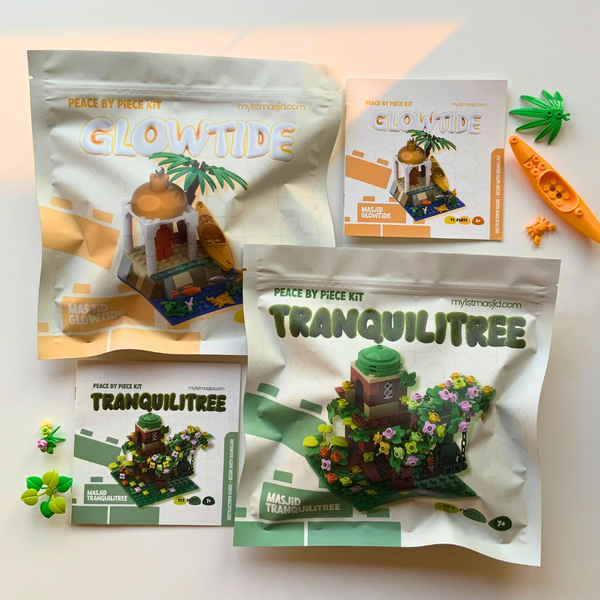 My1stMasjid Peace by Piece Kit packaging for 'Masjid Glowtide' and 'Masjid Tranquilitree' on a white background